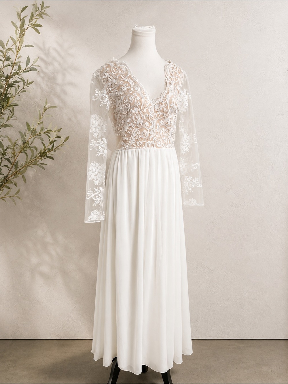 Ivory Lace Long Sleeve Wedding Dress Boho Bridal Gown Sheer Illusion Chiffon 7